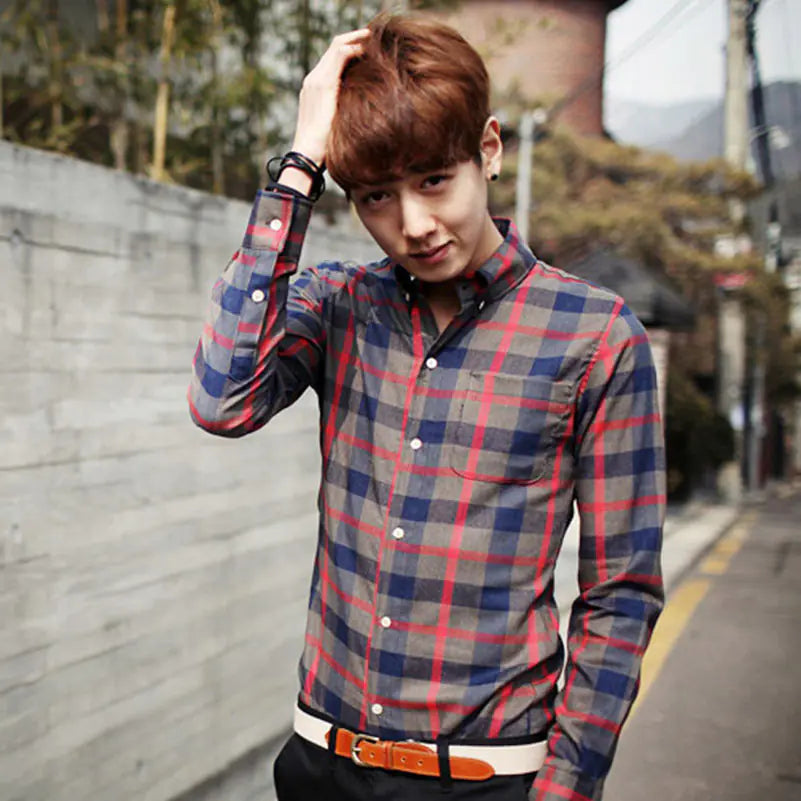 Korean Style Autumn Plaid Shirt for Men (Slim Fit)