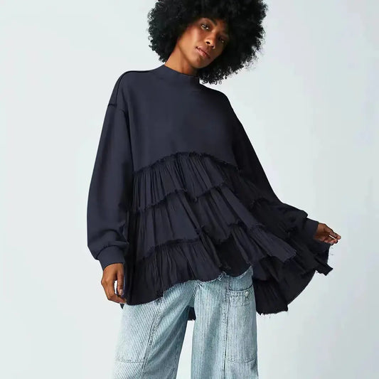 Pleated Chiffon Patchwork Long-sleeved Dress for Women