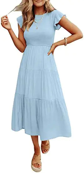 Gathered Layered Short Sleeve Swing Dress