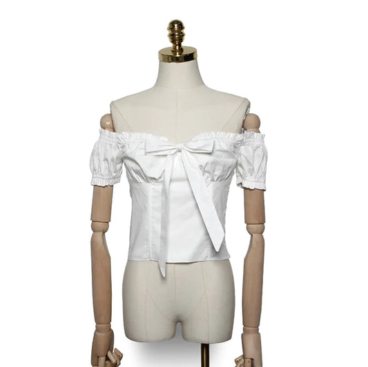 Slim Fit Off-Shoulder Bow Tie Short Sleeve Blouse