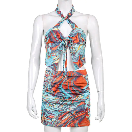 Fashion Printed Strap Neck Hanging Skirt Set