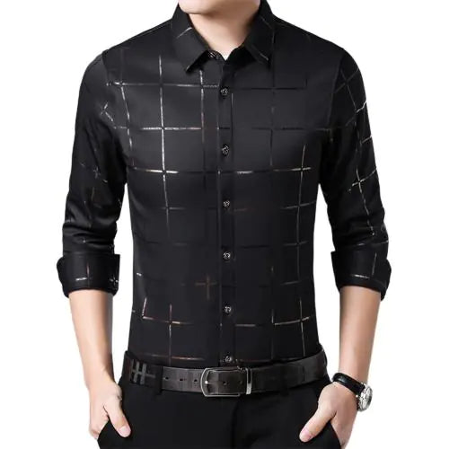 Men's Slim Fit Long Sleeve Plaid Shirt for Youth