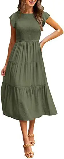 Gathered Layered Short Sleeve Swing Dress