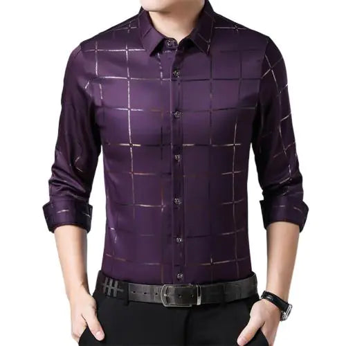 Men's Slim Fit Long Sleeve Plaid Shirt for Youth