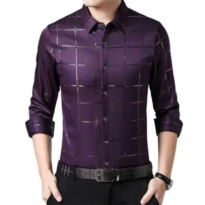 Men's Slim Fit Long Sleeve Plaid Shirt for Youth