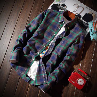 Korean Style Autumn Plaid Shirt for Men (Slim Fit)