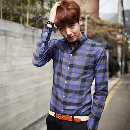 Korean Style Autumn Plaid Shirt for Men (Slim Fit)