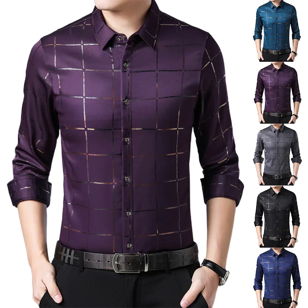 Men's Slim Fit Long Sleeve Plaid Shirt for Youth