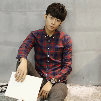 Korean Style Autumn Plaid Shirt for Men (Slim Fit)