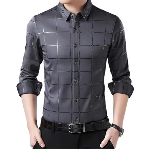 Men's Slim Fit Long Sleeve Plaid Shirt for Youth