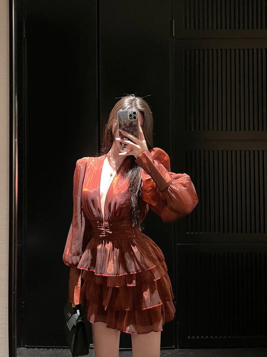 Slim Red Dress with Bubble Sleeves