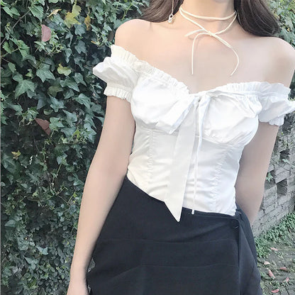 Slim Fit Off-Shoulder Bow Tie Short Sleeve Blouse