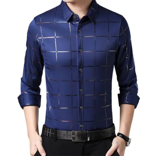 Men's Slim Fit Long Sleeve Plaid Shirt for Youth