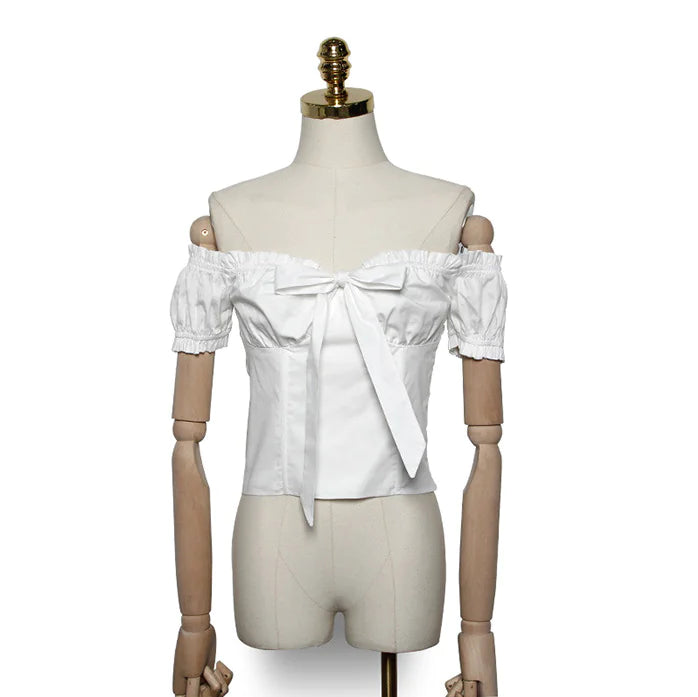 Slim Fit Off-Shoulder Bow Tie Short Sleeve Blouse