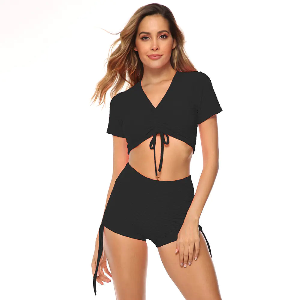 Women's Drawstring Short Sleeve Yoga Set 2019 Trend
