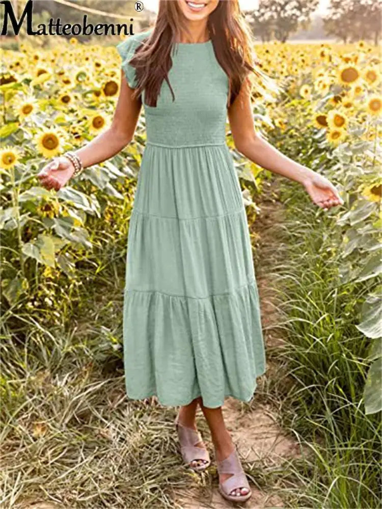 Gathered Layered Short Sleeve Swing Dress