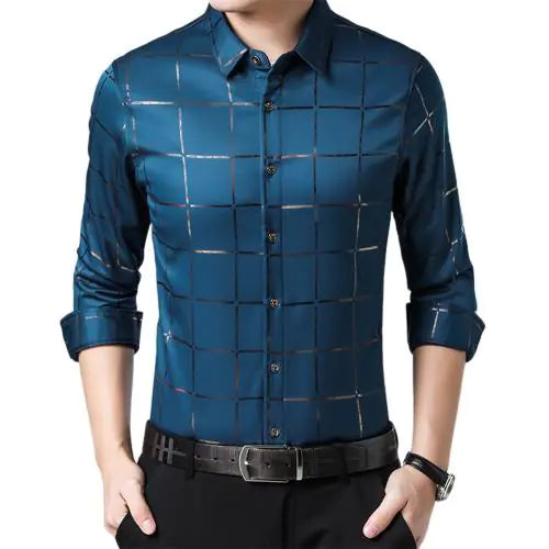Men's Slim Fit Long Sleeve Plaid Shirt for Youth