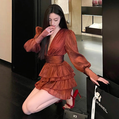 Slim Red Dress with Bubble Sleeves