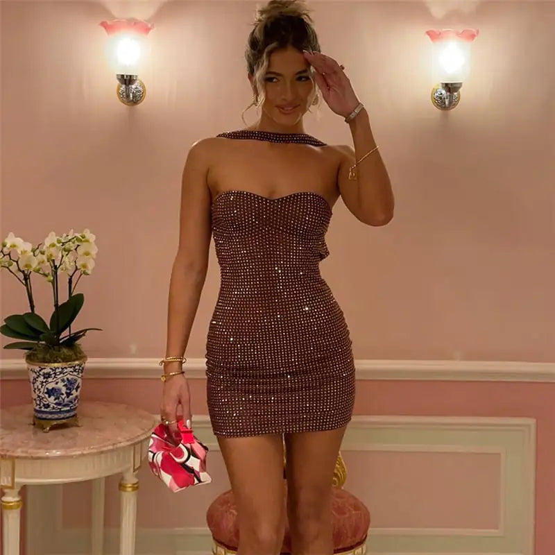 Rhinestone Off-Shoulder Halter Sheath Dress